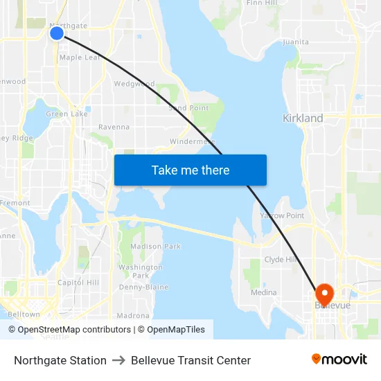 Northgate Station to Bellevue Transit Center map