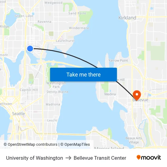 University of Washington to Bellevue Transit Center map