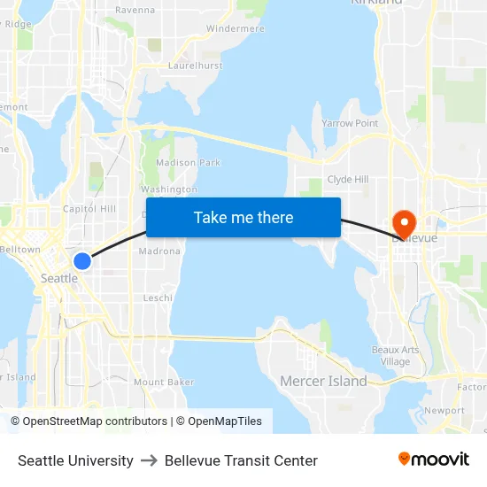 Seattle University to Bellevue Transit Center map
