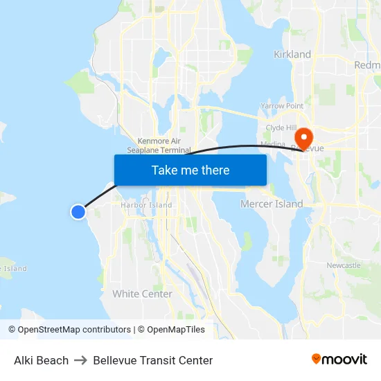 Alki Beach, Seattle, WA 98116 to Bellevue Transit Center map