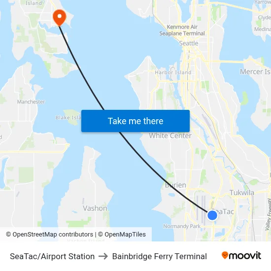 SeaTac/Airport Station to Bainbridge Ferry Terminal map