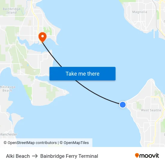 Alki Beach, Seattle, WA 98116 to Bainbridge Ferry Terminal map