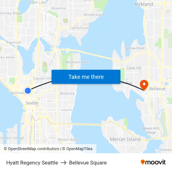 Hyatt Regency Seattle to Bellevue Square map