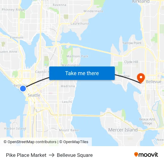 Pike Place Market to Bellevue Square map