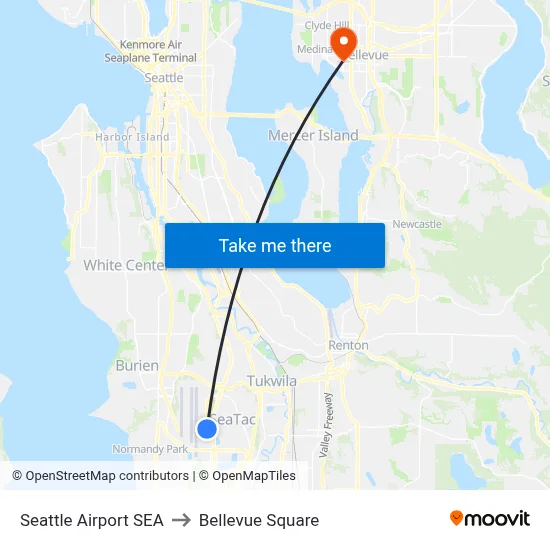 Seattle Airport SEA to Bellevue Square map