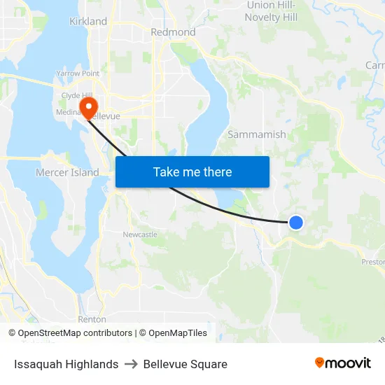 Issaquah Highlands to Bellevue Square map