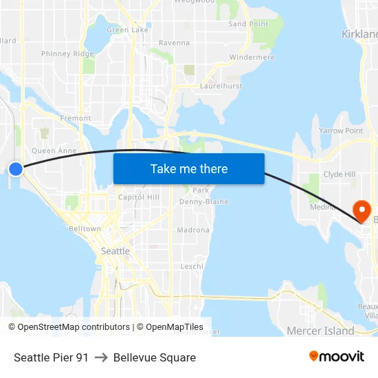 Seattle Pier 91 to Bellevue Square map