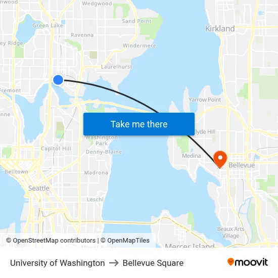 University of Washington to Bellevue Square map
