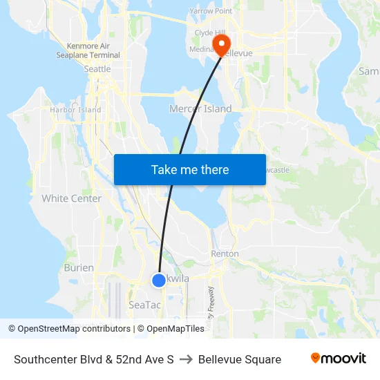 Southcenter Blvd & 52nd Ave S to Bellevue Square map