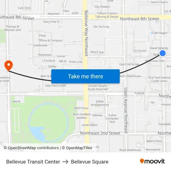 Bellevue Transit Center to Bellevue Square map