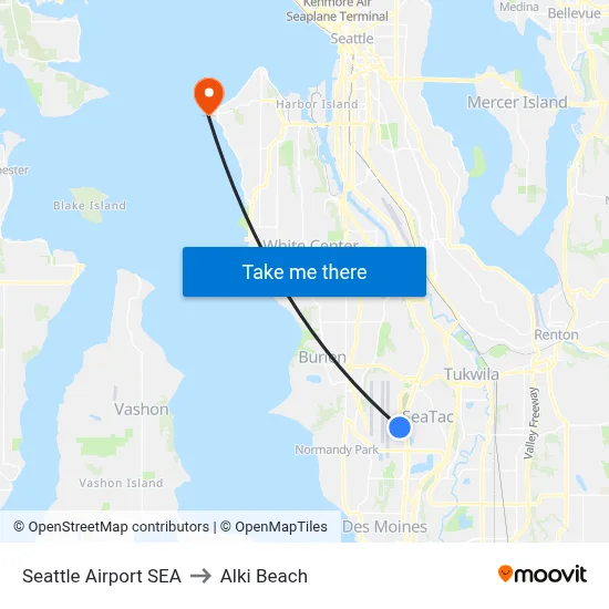 Seattle Airport SEA to Alki Beach map