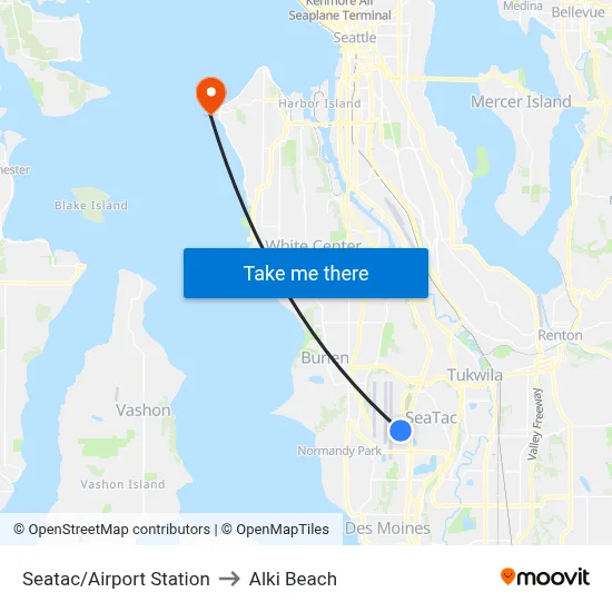 Seatac/Airport Station to Alki Beach map