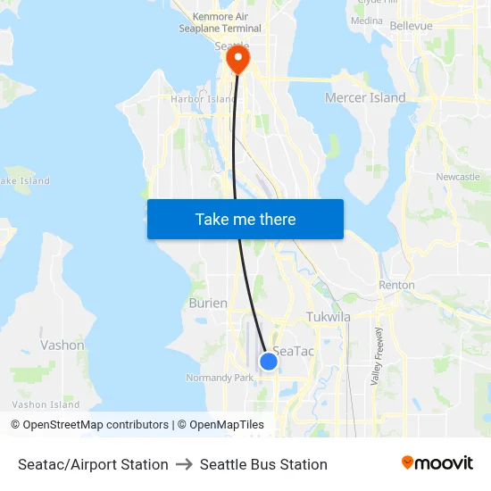 Seatac/Airport Station to Seattle Bus Station map