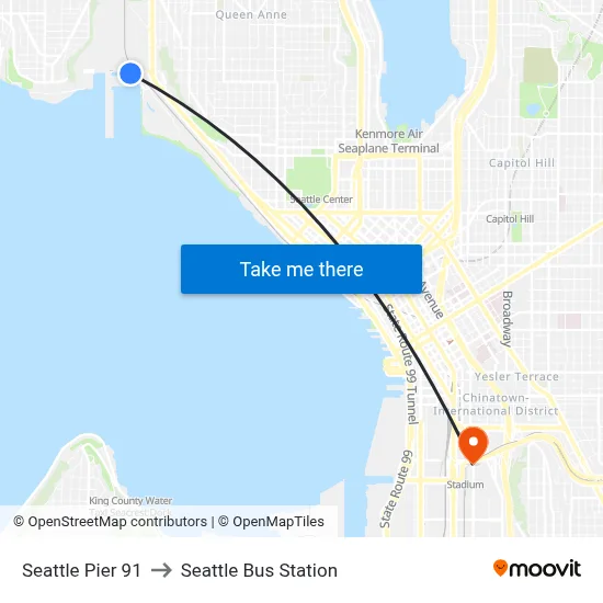 Seattle Pier 91 to Seattle Bus Station map