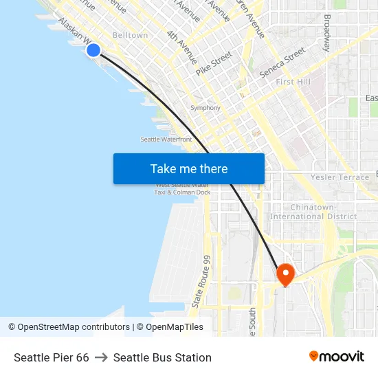 Seattle Pier 66 to Seattle Bus Station map