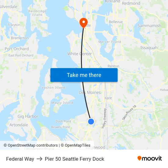 Federal Way to Pier 50 Seattle Ferry Dock map