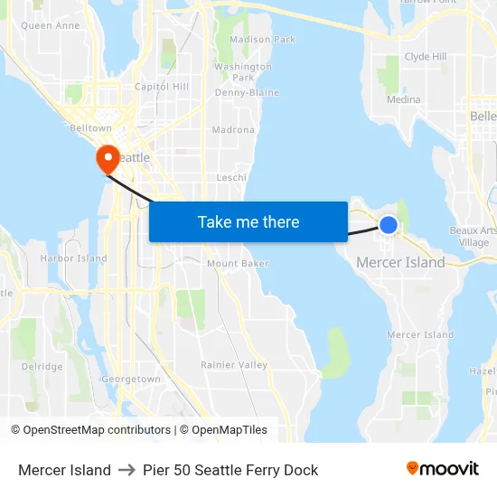 Mercer Island to Pier 50 Seattle Ferry Dock map