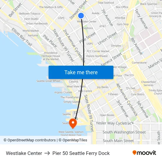 Westlake Center to Pier 50 Seattle Ferry Dock map