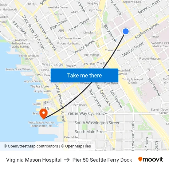 Virginia Mason Hospital to Pier 50 Seattle Ferry Dock map