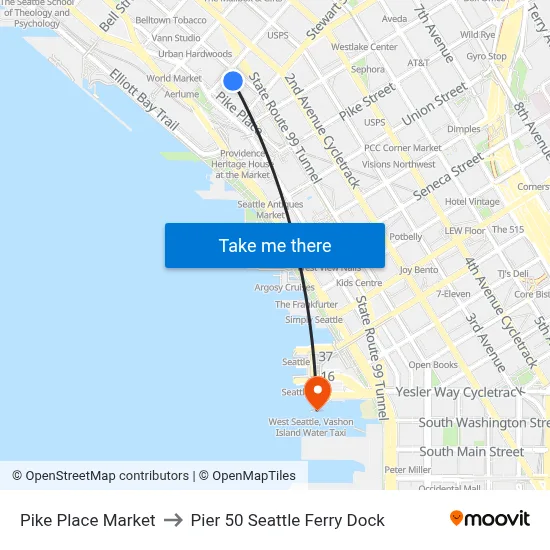 Pike Place Market to Pier 50 Seattle Ferry Dock map