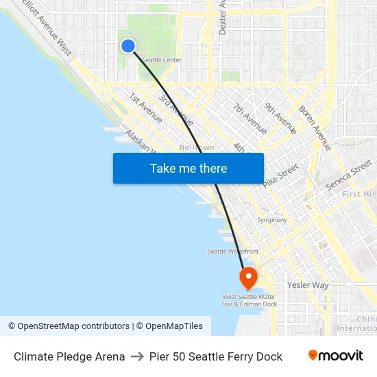 Climate Pledge Arena to Pier 50 Seattle Ferry Dock map