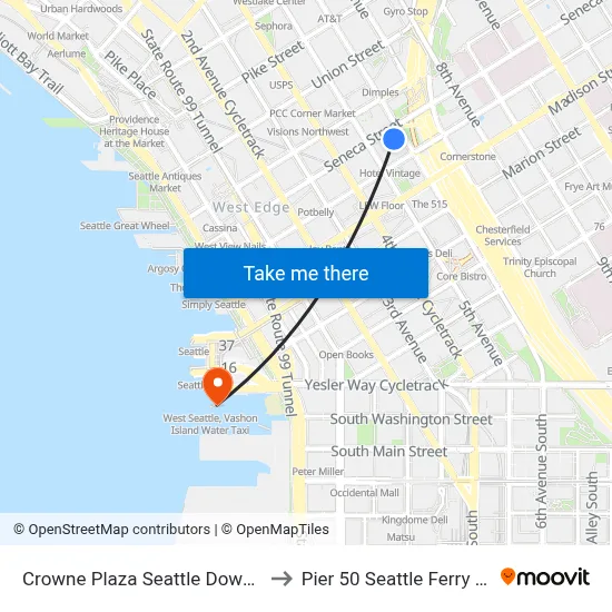 Crowne Plaza Seattle Downtown to Pier 50 Seattle Ferry Dock map