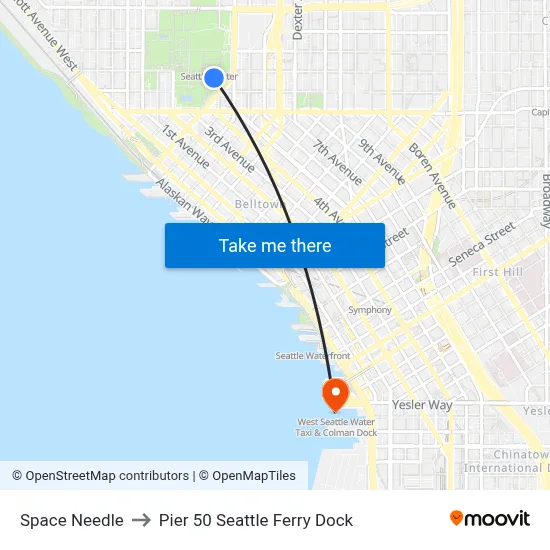 Space Needle to Pier 50 Seattle Ferry Dock map