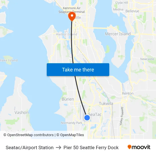 Seatac/Airport Station to Pier 50 Seattle Ferry Dock map