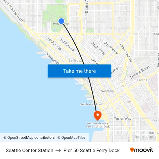 Seattle Center Station to Pier 50 Seattle Ferry Dock map