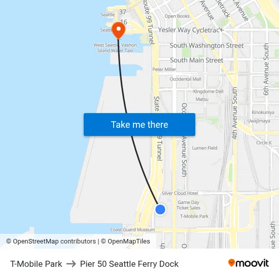 T-Mobile Park to Pier 50 Seattle Ferry Dock map