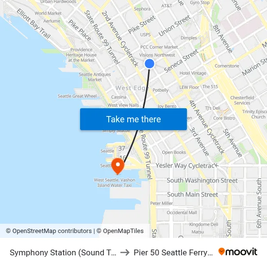 Symphony Station (Sound Transit) to Pier 50 Seattle Ferry Dock map