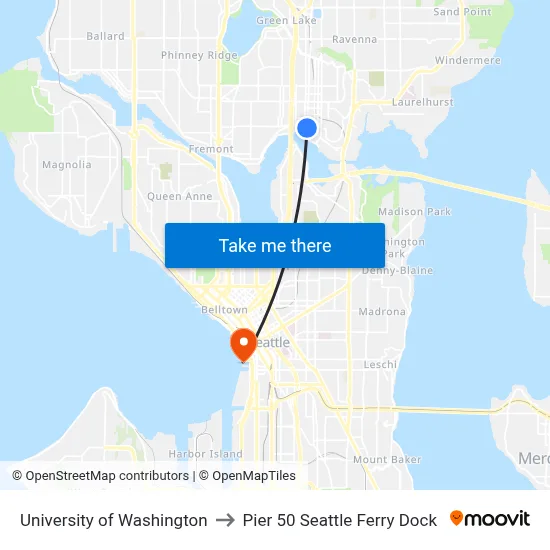 University of Washington to Pier 50 Seattle Ferry Dock map