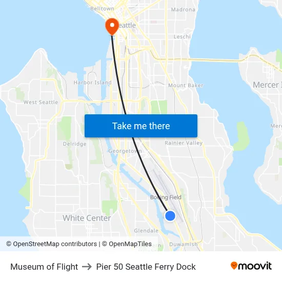 Museum Of Flight to Pier 50 Seattle Ferry Dock map