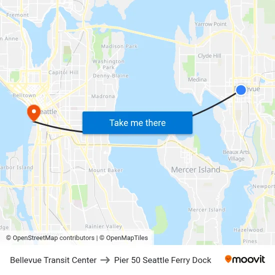 Bellevue Transit Center to Pier 50 Seattle Ferry Dock map