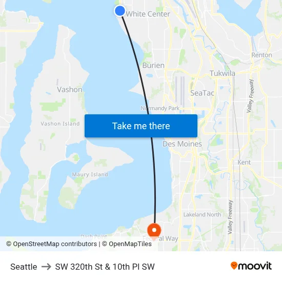 Seattle to SW 320th St & 10th Pl SW map