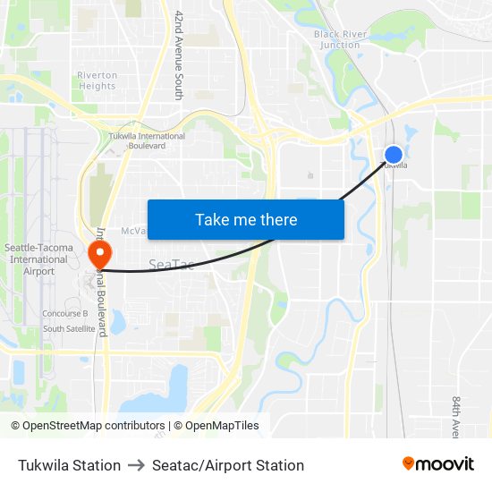 Tukwila Station to Seatac/Airport Station map