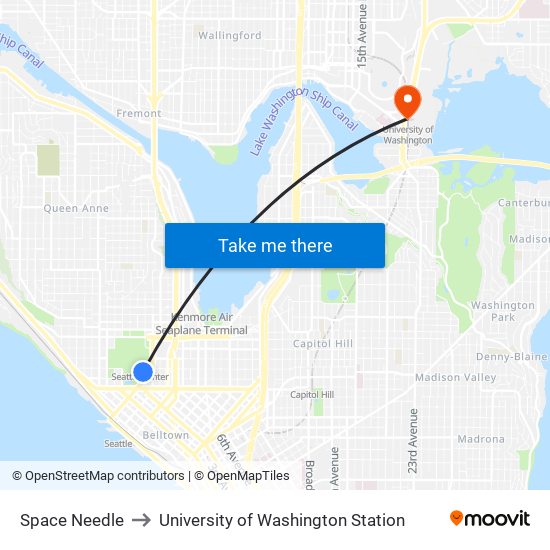 Space Needle to University of Washington Station map