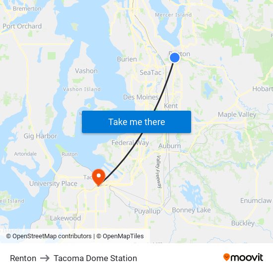 Renton to Tacoma Dome Station map