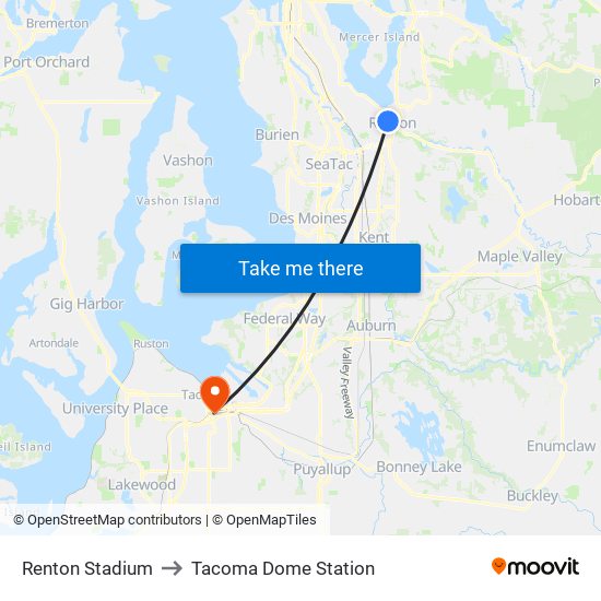 Renton Stadium to Tacoma Dome Station map