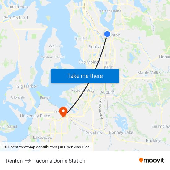 Renton to Tacoma Dome Station map