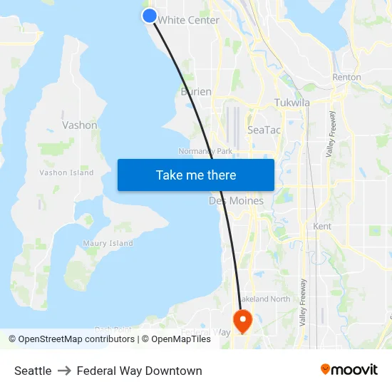 Seattle to Federal Way Downtown map