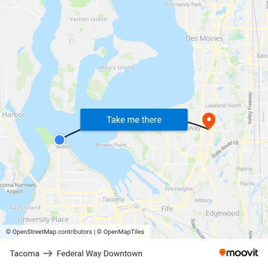 Tacoma to Federal Way Downtown map