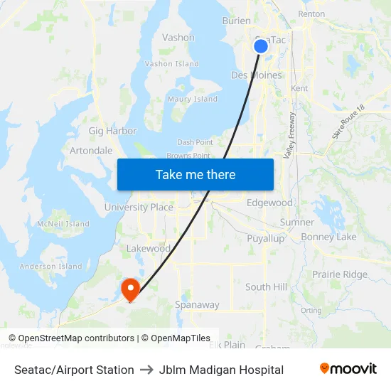Seatac/Airport Station to Jblm Madigan Hospital map