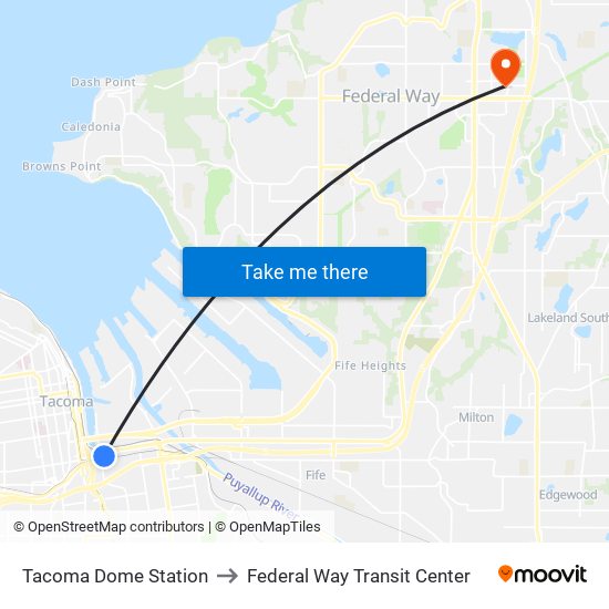 Tacoma Dome Station to Federal Way Transit Center map