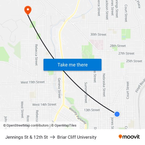 Jennings St & 12th St to Briar Cliff University map