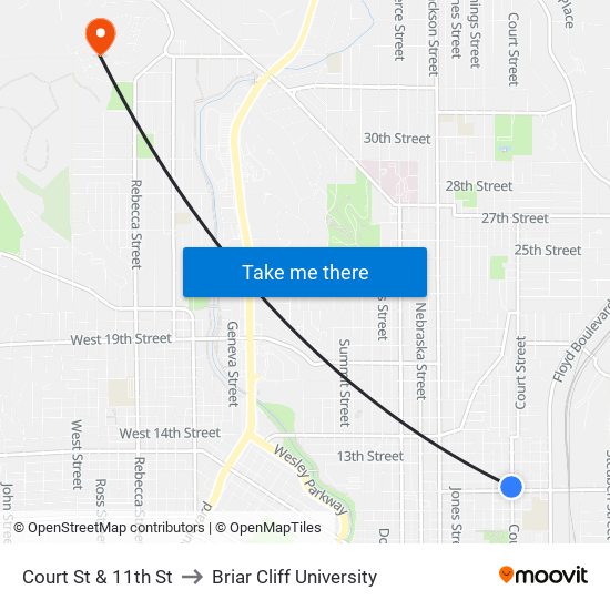 Court St & 11th St to Briar Cliff University map