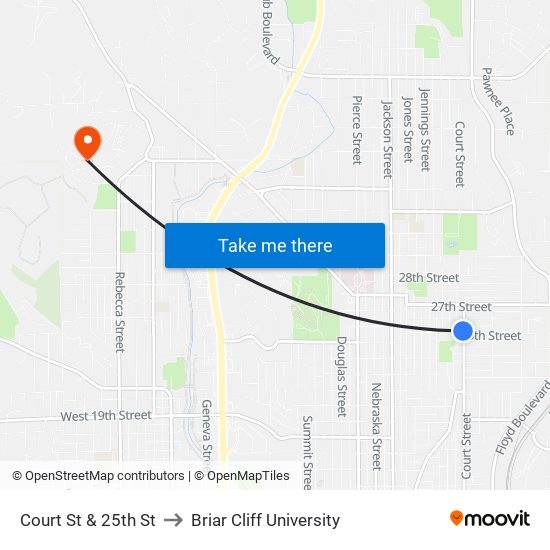 Court St & 25th St to Briar Cliff University map