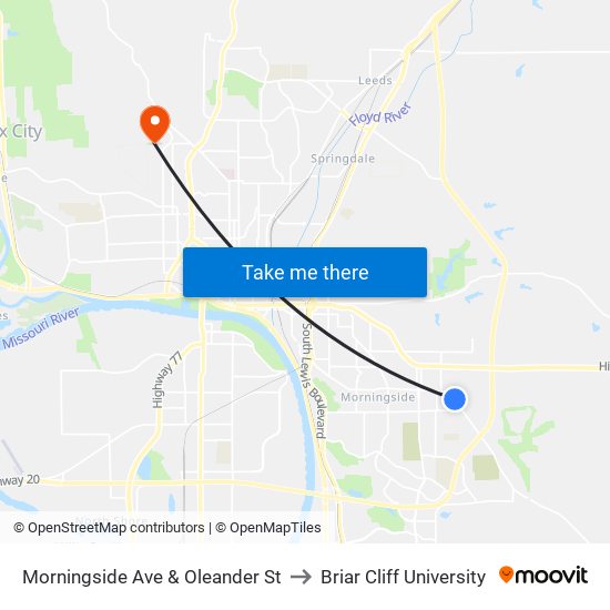 Morningside Ave & Oleander St to Briar Cliff University map