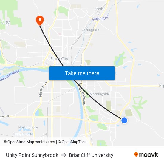 Unity Point Sunnybrook to Briar Cliff University map