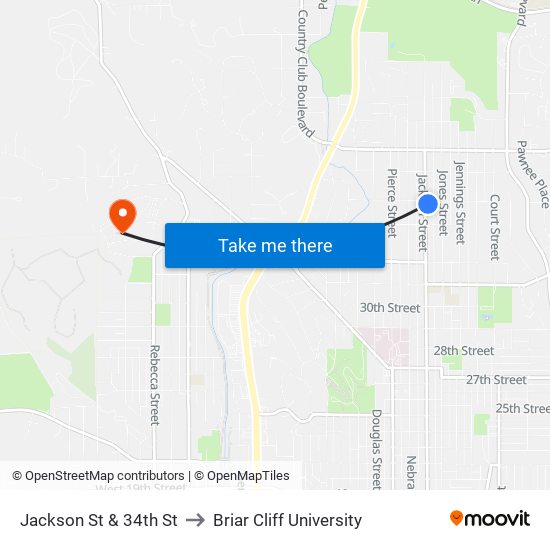 Jackson St & 34th St to Briar Cliff University map